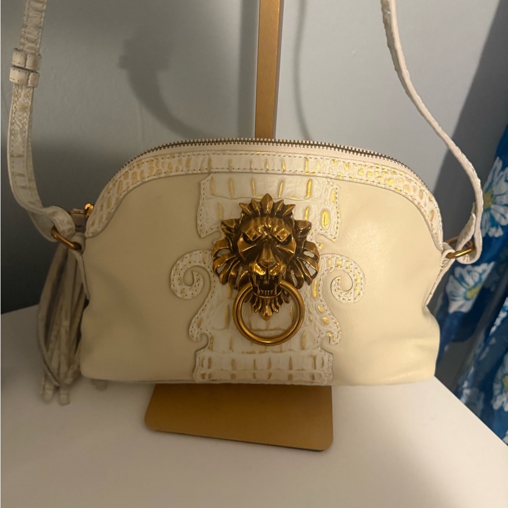Sharif Cream Leather Clutch with Gold Lion Hardware - Picture 14 of 15